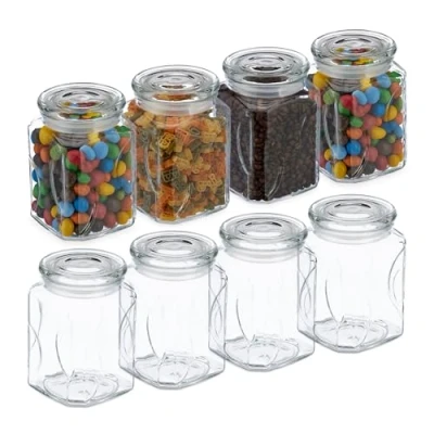 Image of Relaxdays 8X Storage Jars with Lid, Glass, 750 ml, Square Shape, Airtight Containers, 14.5 x 9.5 cm, Transparent