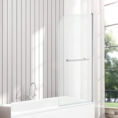 Image of VeeBath Bath Shower Screen with Towel Rail, Curved Edge Enclosure Screen, Toughened Glass Bathtub Door 1400x800mm, Chrome