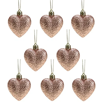 Image of Christmas Concepts® Pack of 8 60mm Heart Shaped Tree Baubles Glitter Decorated (Rose Gold)