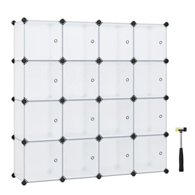 Image of SONGMICS 16 Cube Storage Unit, Shoe Rack, Stackable Cubes, Plastic Closet Cabinet, Wardrobe, with Doors, for Bedroom, Office, Easy to Assemble, White LPC44BS