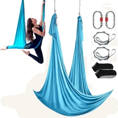 Image of VEVOR Aerial Yoga Hammock &amp; Swing, 5.5 Yards, Starter Kit with 100gsm Nylon Fabric, Full Rigging Hardware Easy Set up Guide, Antigravity Flying for All Levels Fitness Bodybuilding, Blue