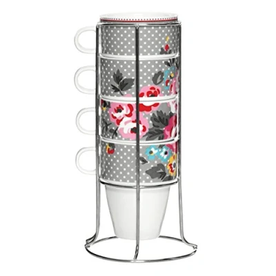Image of Premier Housewares 330 ml Espresso Cups Set of 4 Coffee Bone China Mug Holder Chrome Stacking Latte 10.5x11x8.5(Each Mug)25x11x11(Stand)