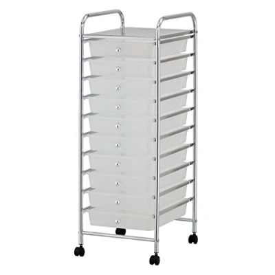 Image of LIVHOME 10 Drawer Storage Trolley with Lockable Wheels, Free Standing Rolling Cart Organizer, Metal Frame &amp; Plastic Drawers for Makeup, Office, Bedroom, Bathroom, Kitchen Beauty (White)