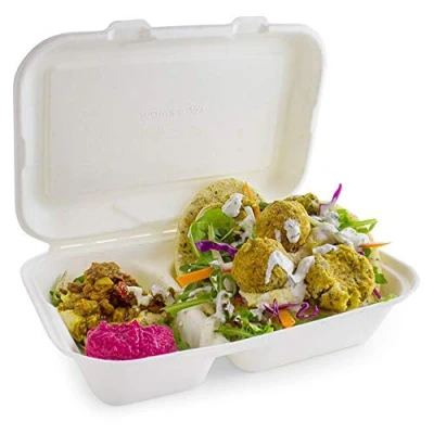 Image of 2 Compartment Clamshell Bagasse Takeaway Food Box 7inch Case 500