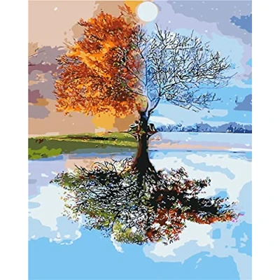 Image of Amiiba DIY Paint by Numbers Kits, Romantic Four Season Tree 16x20 inch Acrylic Painting Number Wall Art Crafts (4 Seasons, Without Frame)