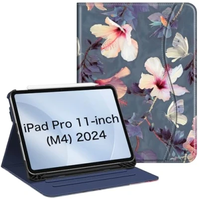 Image of FINTIE Case Compatible with iPad Pro 11 inch (2024) M4 [Corner Protection] Multi Angle Viewing Stand Cover Pocket &amp; Pencil Holder, Auto Wake Sleep, Blooming Hibiscus