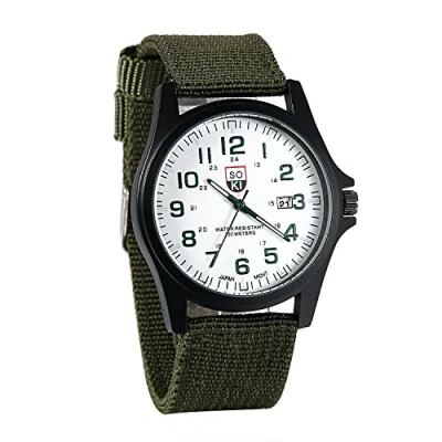 Image of JewelryWe Men Army Date Sport Wrist Watch Analog Quartz Watches with Green Nylon Band