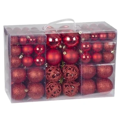 Image of 100 Pack Plastic Christmas Baubles Xmas Tree Ball Hanging Ornaments Decorations (Red)