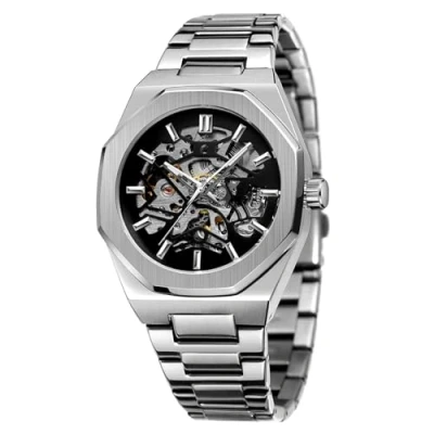 Image of BOLYTE Men&#039;s Mechanical Watch Self Winding Wristwatch for Men Octagonal Case Stainless Steel Band Skeleton Design Watches (Silver Black)