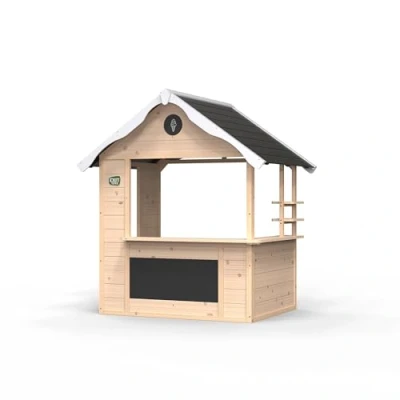 Image of EXIT Toys Hika Wooden Outdoor Playhouse With Role Play Wheel Featuring 8 Themes, Chalkboard, Mailbox for Children Age 2 and Up 100% FSC Certified Cedar Wood 3.6x4.6x5ft