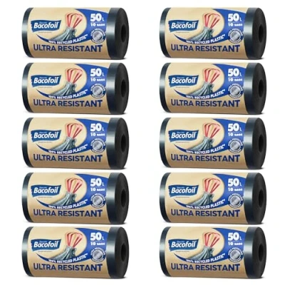 Image of Bacofoil Ultra Resistant Bin Liners with Drawstring Handles 50L Leak Proof and Tear Bag Protection Technology (10 Rolls, 100 Bags)…