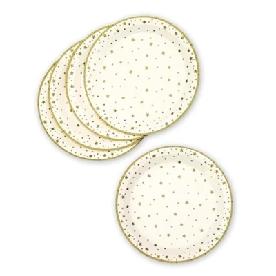 Image of PUKKA party Christmas Star Plates 8 Printed Gold Effect Disposable Dinner with 23cm Diameter for Festive Home and Office Celebrations Kids &amp; Adults Recyclable Card Packaging