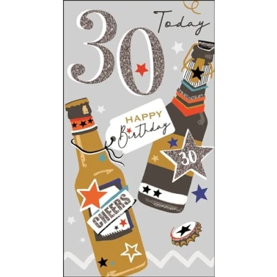 Image of Jonny Javelin Male 30th Birthday Card Age 30 Beer Bottles and Stars Embossed with Foil Flitter Details