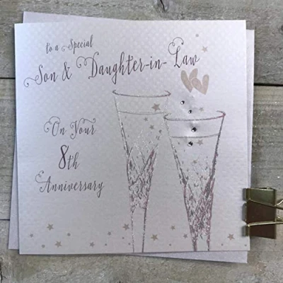 Image of WHITE COTTON CARDS Son &amp; Daughter in Law 8th Pottery Wedding Anniversary Flutes B108 8 SD