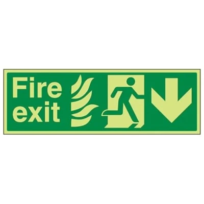 Image of V Safety Glow In The Dark NHS Fire Exit Arrow Down Sign 450mm x 150mm Self Adhesive Vinyl