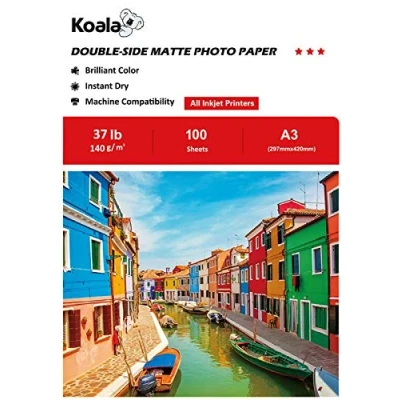 Image of KOALA Double Sided Matte Inkjet Photo Paper A3, 140gsm, 100 Sheets for Printers. Suitable Printing Photos, Brochures, Covers, Certificates, Booklets, Flyers, Leaflets, Cards, Calendars