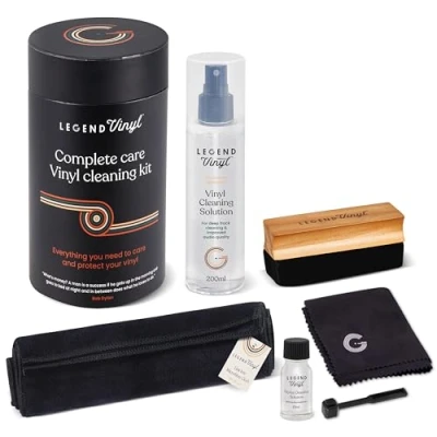 Image of Legend Vinyl Complete Care Cleaning Kit 200ml Solution, 2 Large Microfiber Cloths, Wooden Handle Dust Brush, Carbon Fibre Stylus Brush &amp; Fluid for Record