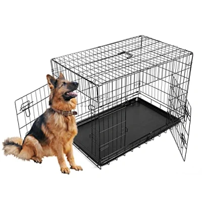 Image of FoxHunter 48&quot; 48 Inch Pet Dog Puppy Cat Training Cage Crate Carrier Metal Folding With TWO Doors and Tray XXLarge Black New FH PT06