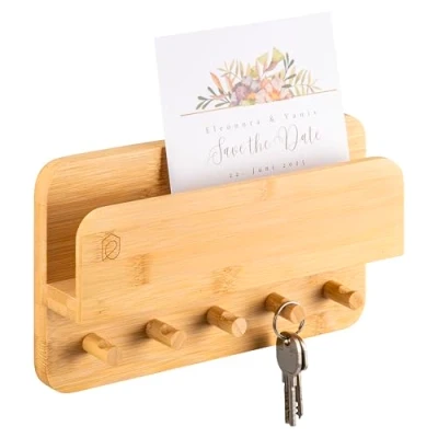 Image of eluno Key Holder with Shelf and 5 Hooks, Holder, Modern Bamboo for Gluing or Drilling