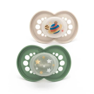 Image of MAM Original Night Soothers 6 Months + (Pack of 2), Glow in The Dark Baby with Self Sterilising Travel Case, Newborn Essentials, Green/White, (Designs May Vary)