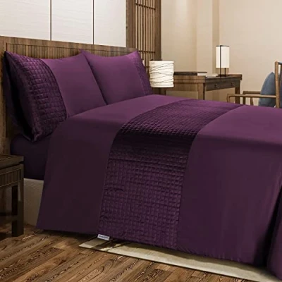 Image of Bronwen Mathews Double Duvet Set Soft Microfibre with Quilted Square Velvet Band Quilt Cover and 2 Pillowcases, Easy Care Wrinkle Free Bedding of 3 Pcs (Damson, Double)