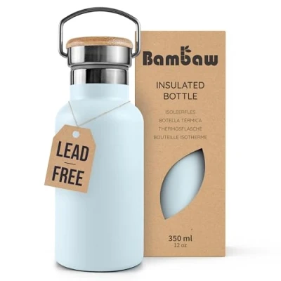 Image of Bambaw Insulated Water Bottle 350ml, Light Blue Bottle, Stainless Steel Leakproof Small Metal Hiking Ice