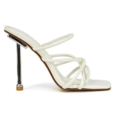 Image of ESSEX GLAM Womens Stiletto High Heel Mules Ladies Slip On Strappy Square Toe Sandals Shoes Size 3 8 White Synthetic Leather