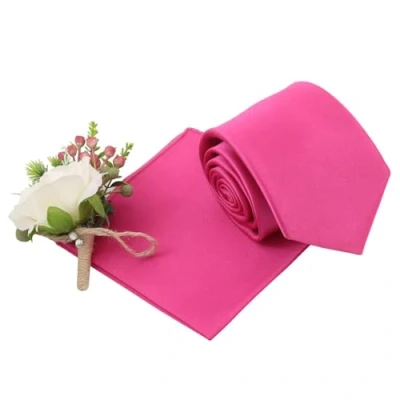 Image of DQT Plain Glossy Satin Polyester Wedding Classic Neck Tie and Pocket Square Set for Men in Hot Pink