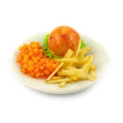 Image of MyTinyWorld Dolls House Miniature 1/4 Pound Cheese Burger With Chips and Beans