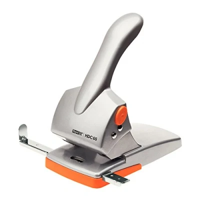Image of Rapid Fashion HDC65 Heavy Duty 2 Hole Punch, Punches up to 65 Sheets, Adjustable Guide Bar, Ergonomic Handle, Silver/Orange, 20922603