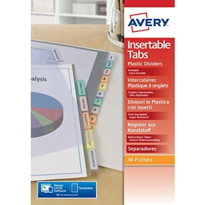 Image of Avery 05612501 Printable Tab Insertable Dividers, 8 Plain Tabs Assorted Colours