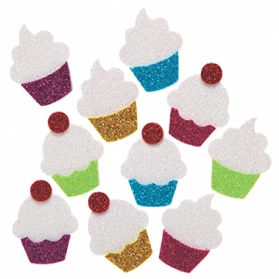Image of Baker Ross AX735 Cupcake Stickers Pack of 100, Glitter Foam Self Adhesives, Perfect for Children to Decorate Collages and Crafts, Ideal Schools, Craft Groups, Party Crafting, Home