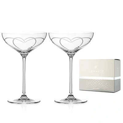 Image of DIAMANTE Swarovski Crystal Champagne Cocktail Saucers/Coupes Pair ‘Toast Heart’ Embellished with Crystals Set of 2
