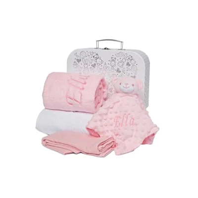Image of Baby Box Shop Girl Gift Hamper in White Case Newborn Set with Hooded Towel, Pink Muslin Cloth, Welcome Card &amp; Optional Personalised Blanket or Comforter