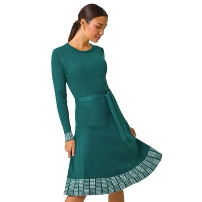 Image of Roman Originals Ribbed Stretch Knit Border Print Dress for Women UK Ladies Everyday Autumn Winter Round Neckline Comfy Soft Evening Vacation Work Party Night Out Teal Size 10