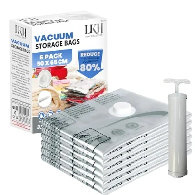 Image of LKH Vacuum Storage Bags with Pump Heavy Duty Clothes Waterproof, Airtight &amp; Reusable Space Saver Reduce Volume by 80% 3x Seal Valve for Secure Compression 50x65cm (6 Pack)