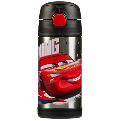 Image of Thermos Disney Cars Water Bottle (355ml) BPA Free, Stainless Steel, Spill Proof, Pop Up Straw, Kids Flask with Personalised Name Labels &amp; Carry Handle for 12 Hour Cold Drinks