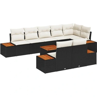 Image of vidaXL 9 Piece Garden Sofa Set with Cushions Black Poly Rattan and Acacia