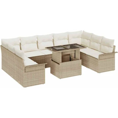 Image of vidaXL 10 Piece Garden Sofa Set with Cushions Beige Poly Rattan