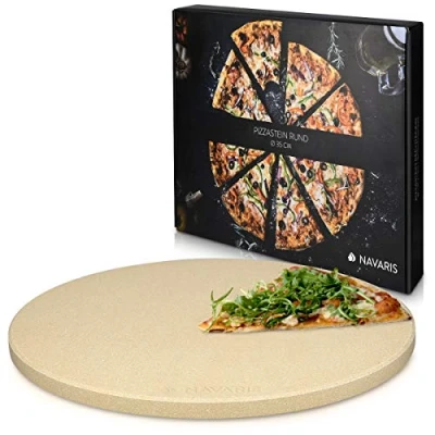 Image of Navaris XXL Pizza Stone for Baking Cordierite Plate BBQ Grill Oven Cook Serve Bread, Cheese Incl. Recipe Book Round, 35x1.5cm