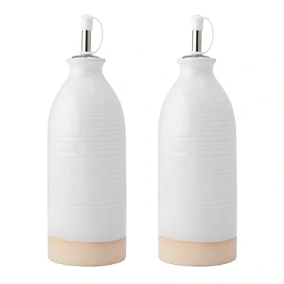 Image of KitchenCraft Idilica Stoneware Oil and Vinegar Bottles, Set of 2 Ceramic Pourers with Unglazed Bases, Cream, 450ml