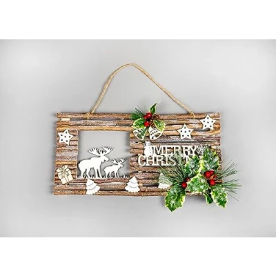 Image of Wooden Twig Frame Plaque Sign Christmas Reindeer Scene Merry Wall Hanging Decoration with Pine Cones, Red Berries, Glittery Leaves, and Festive Elements Door Xmas Home Decorative Gift