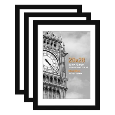Image of HoziRes 50cm x 70cm Frame, Wooden Photo Frames with Mount in Black, Set of 3 20x28 inch Picture Frame for Tabletop and Wall Mounting, Poster Printing