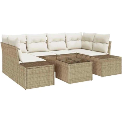 Image of vidaXL 7 Piece Garden Sofa Set with Cushions Beige Poly Rattan