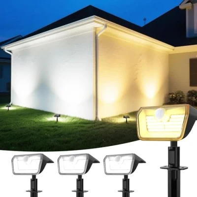 Image of Linkind Solar Lamps 2 in 1 Spotlight Outdoor with Motion Detector 3000K &amp; 6500K, 60 LEDs Garden Spotlight, IP67 Waterproof Path Lights 8M/120, 3 Pieces