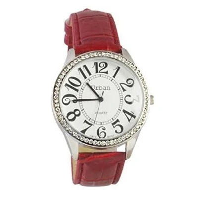 Image of Artist Unknown Urban Ladies Silver Diamante Large Dial Red PU Leather Strap Wrist Watch Analog Japanese Quartz