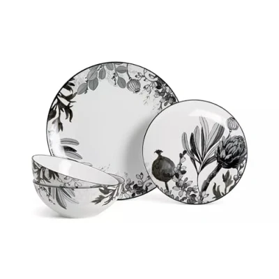Image of SHABJY Monochrome 12 Piece Fine China Dinner Set Features Painterly Patterns of Wildflowers in A Palette The Result is an Understated Yet Glamourous Look Grey