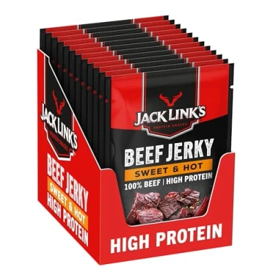 Image of Jack Link&#039;s Beef Jerky, Sweet and Hot Flavour, High Protein Meat Snack, Box of 12 x 60 Gram Packs
