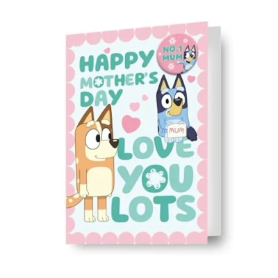 Image of Bluey Mother&#039;s Day Card with No.1 Mum Badge, Love You Lots Design, Mummy Mothers