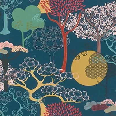 Image of Rasch Tapeten 539967 Non Woven Wallpaper with Trees in Red, Yellow and Green on Dark Blue Background Light Structure 10.05 m x 53 cm (L W) Wallpaper,